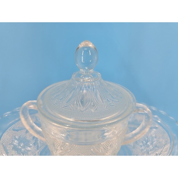 Vtg Depression Glass Anchor Hocking Oval Serving Dish  + Sugar Bowl Floral - VG - Picture 3 of 16
